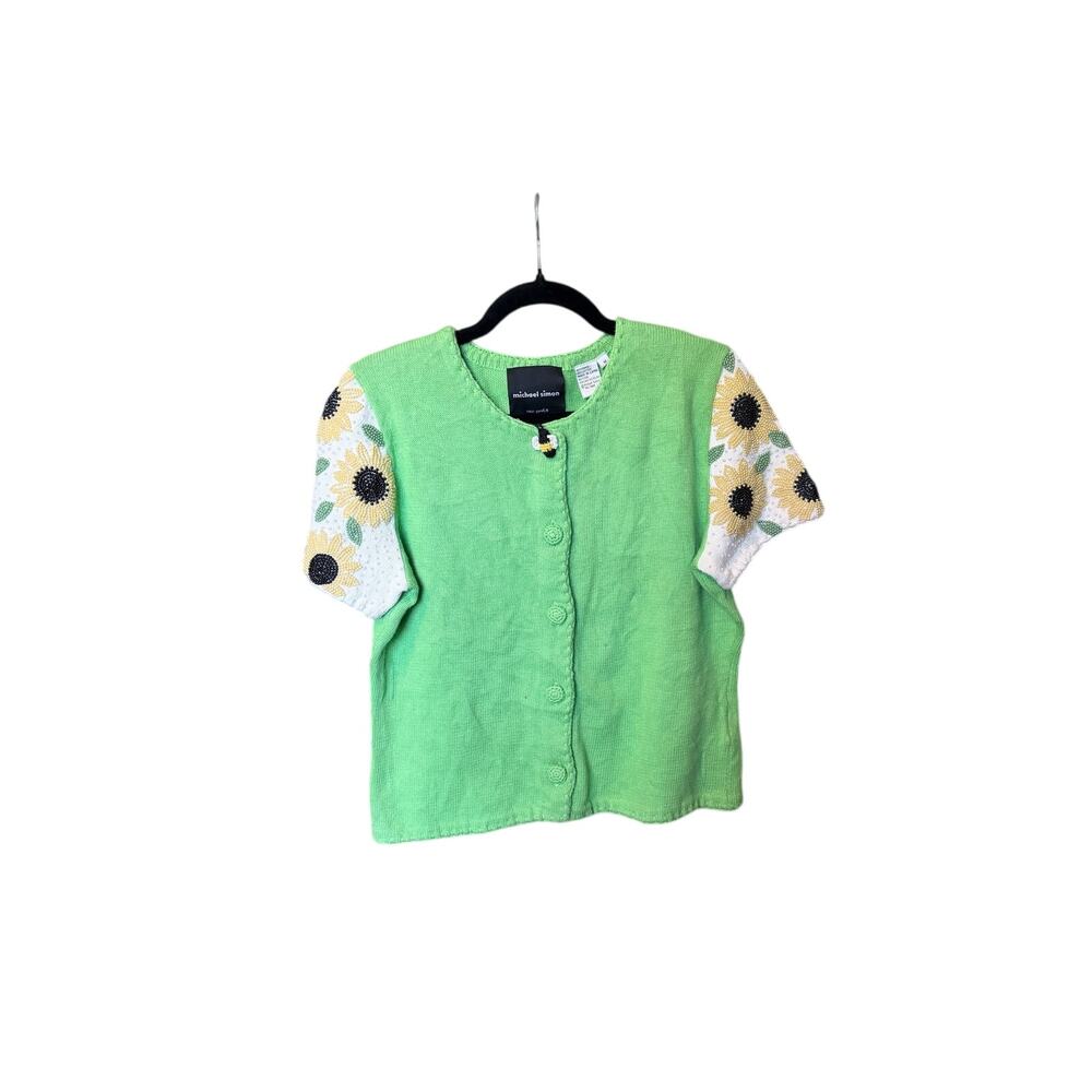 Vintage 1998 Michael Simon Green short sleeve button front knit sweater cardigan